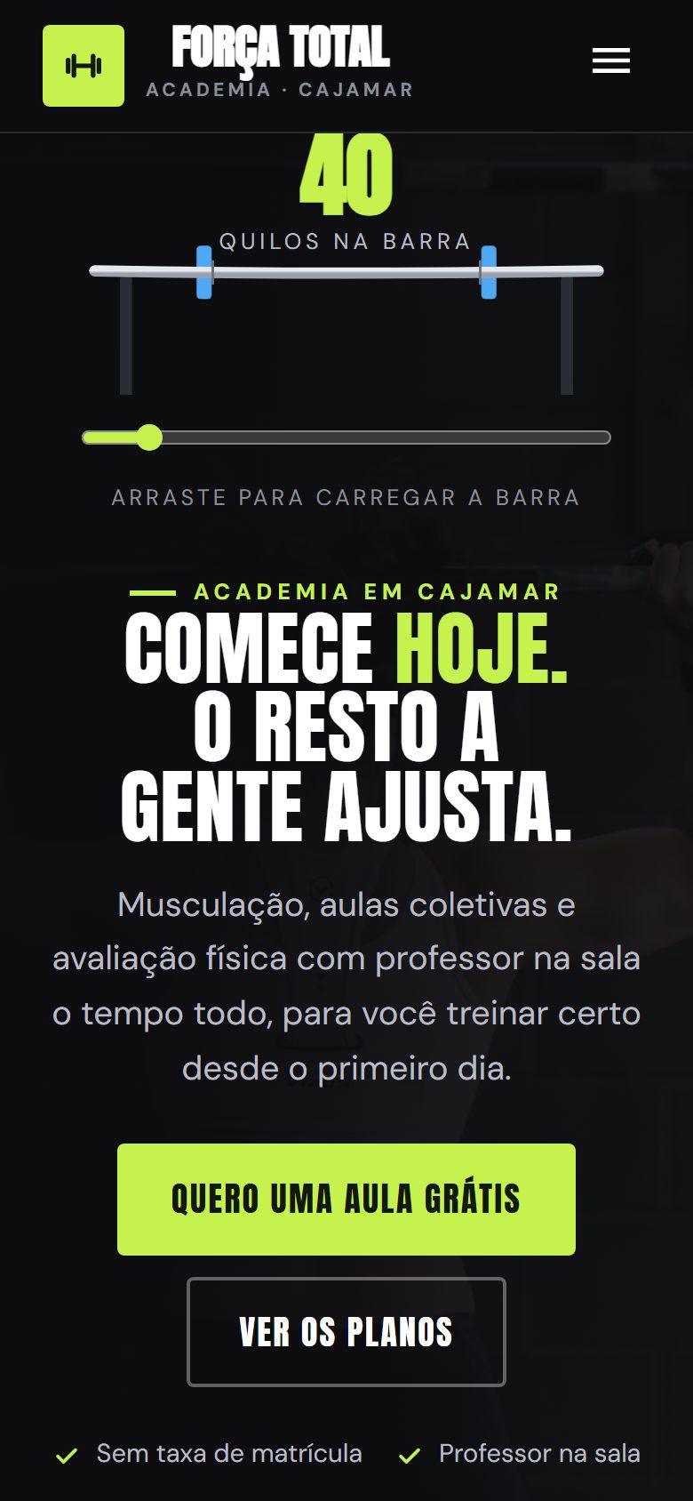 Site de exemplo para academia aberto no celular