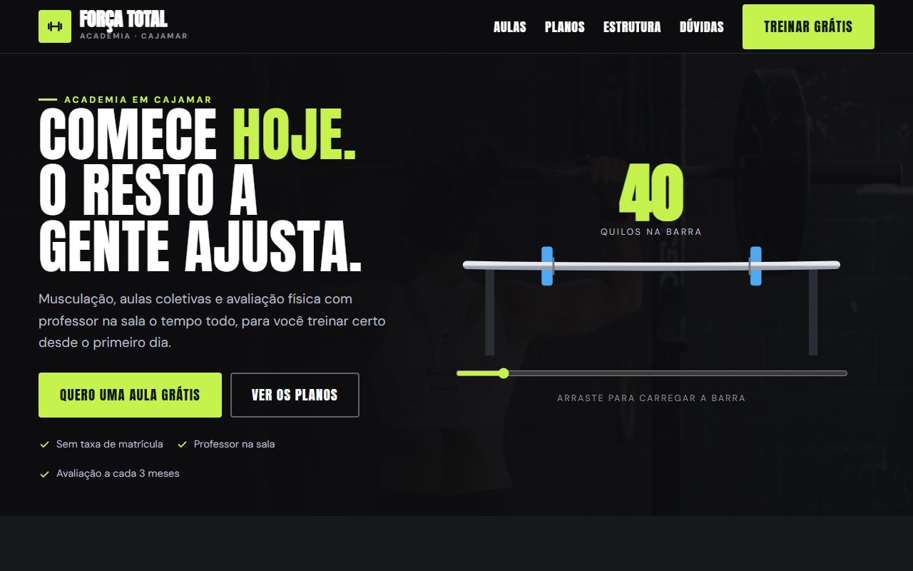 Site de exemplo para academia aberto no computador