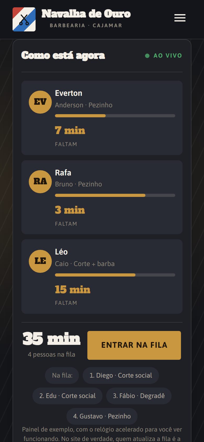 Site de exemplo para barbearia aberto no celular