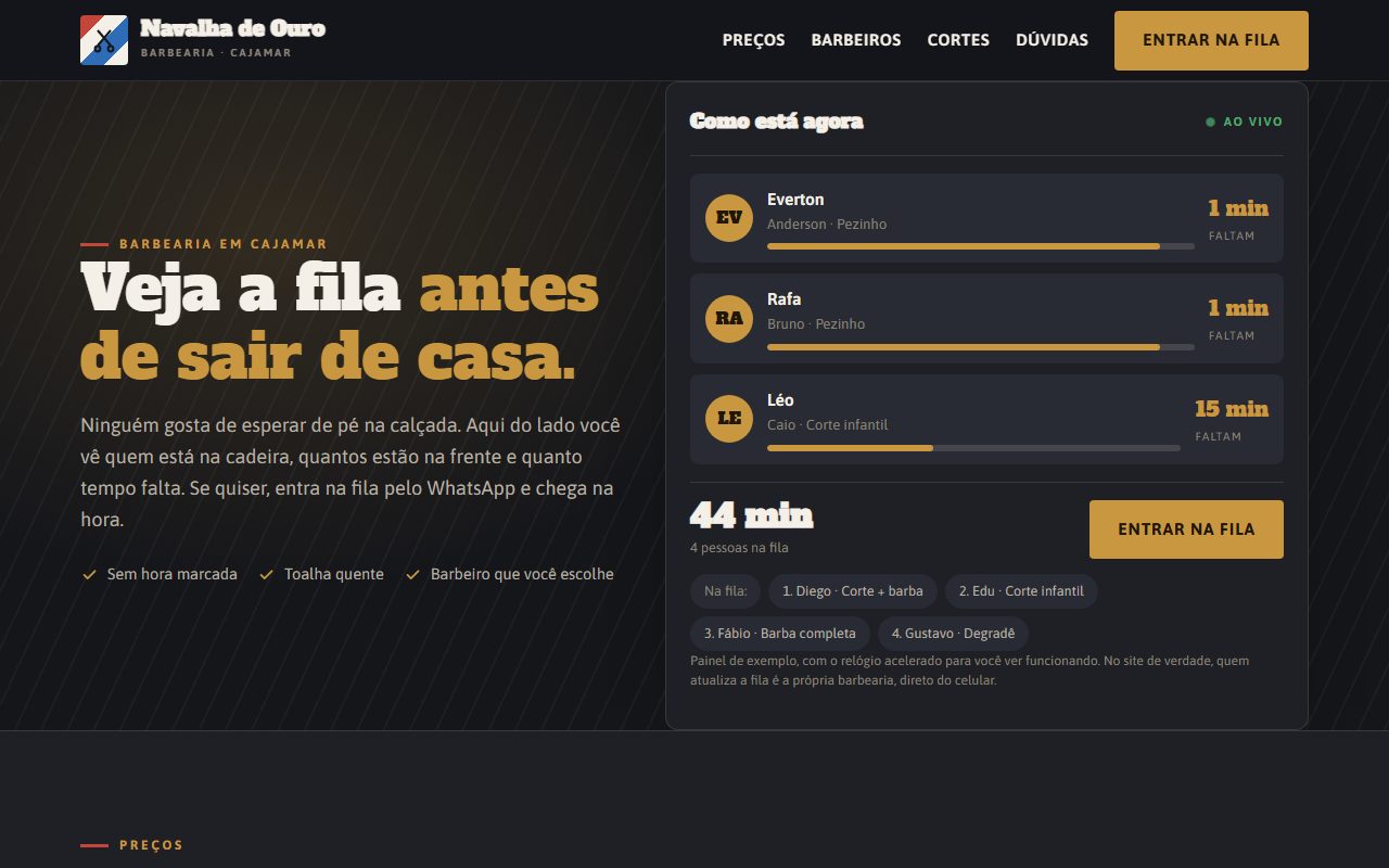 Site de exemplo para barbearia aberto no computador