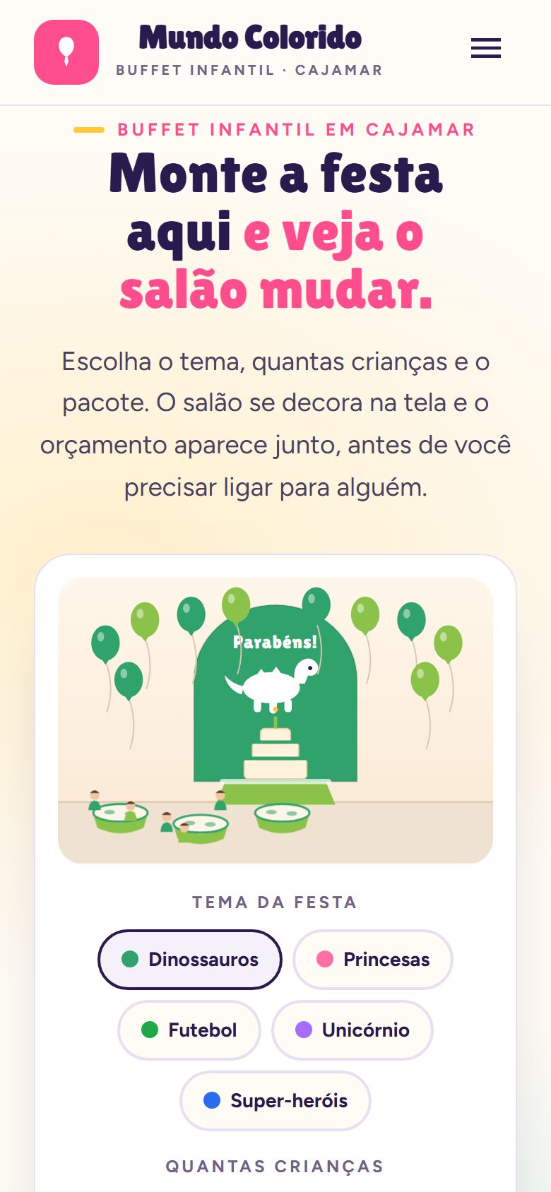 Site de exemplo para buffet infantil aberto no celular