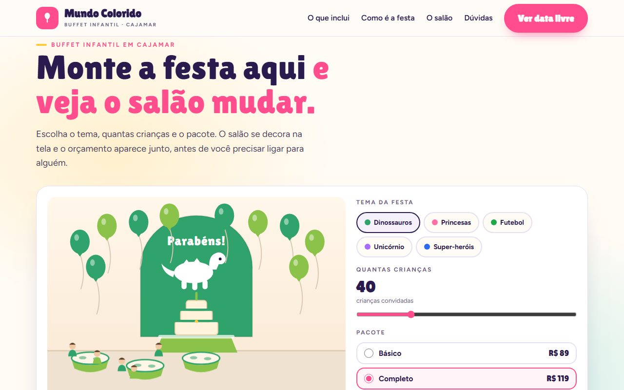 Site de exemplo para buffet infantil aberto no computador