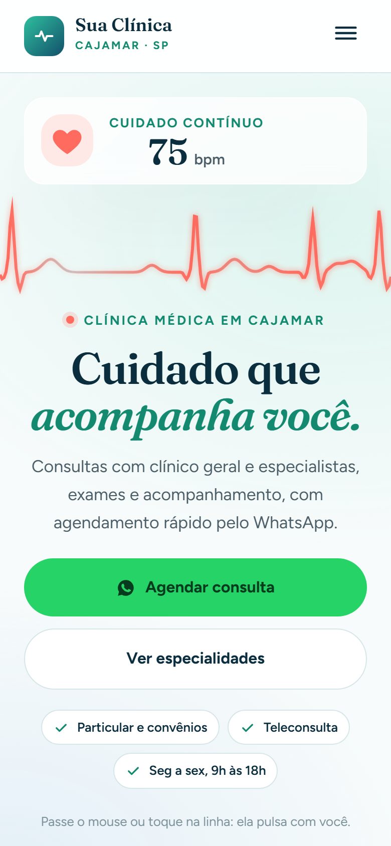 Site de exemplo para clínica médica aberto no celular