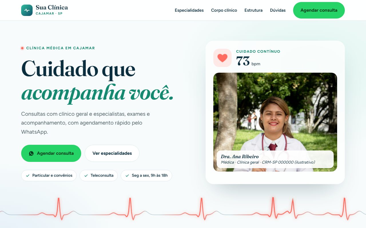 Site de exemplo para clínica médica aberto no computador
