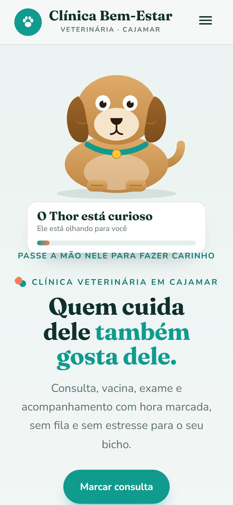 Site de exemplo para clínica veterinária aberto no celular