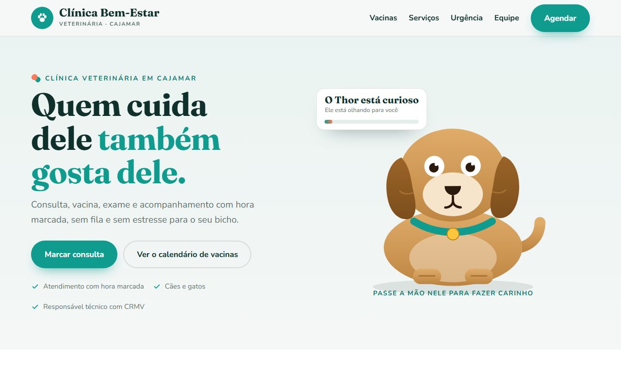 Site de exemplo para clínica veterinária aberto no computador
