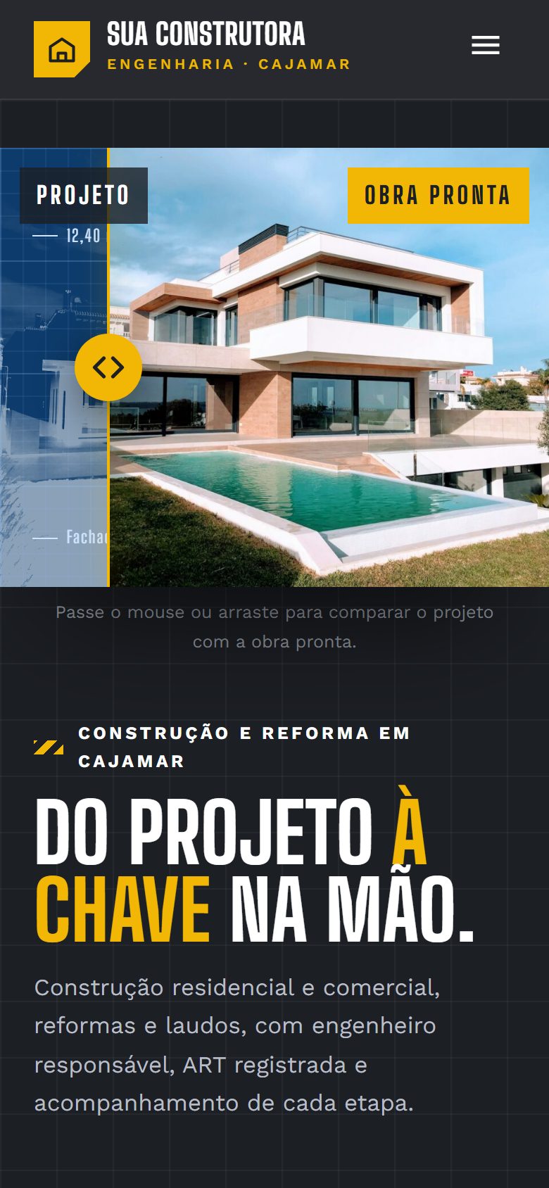 Site de exemplo para construtora aberto no celular