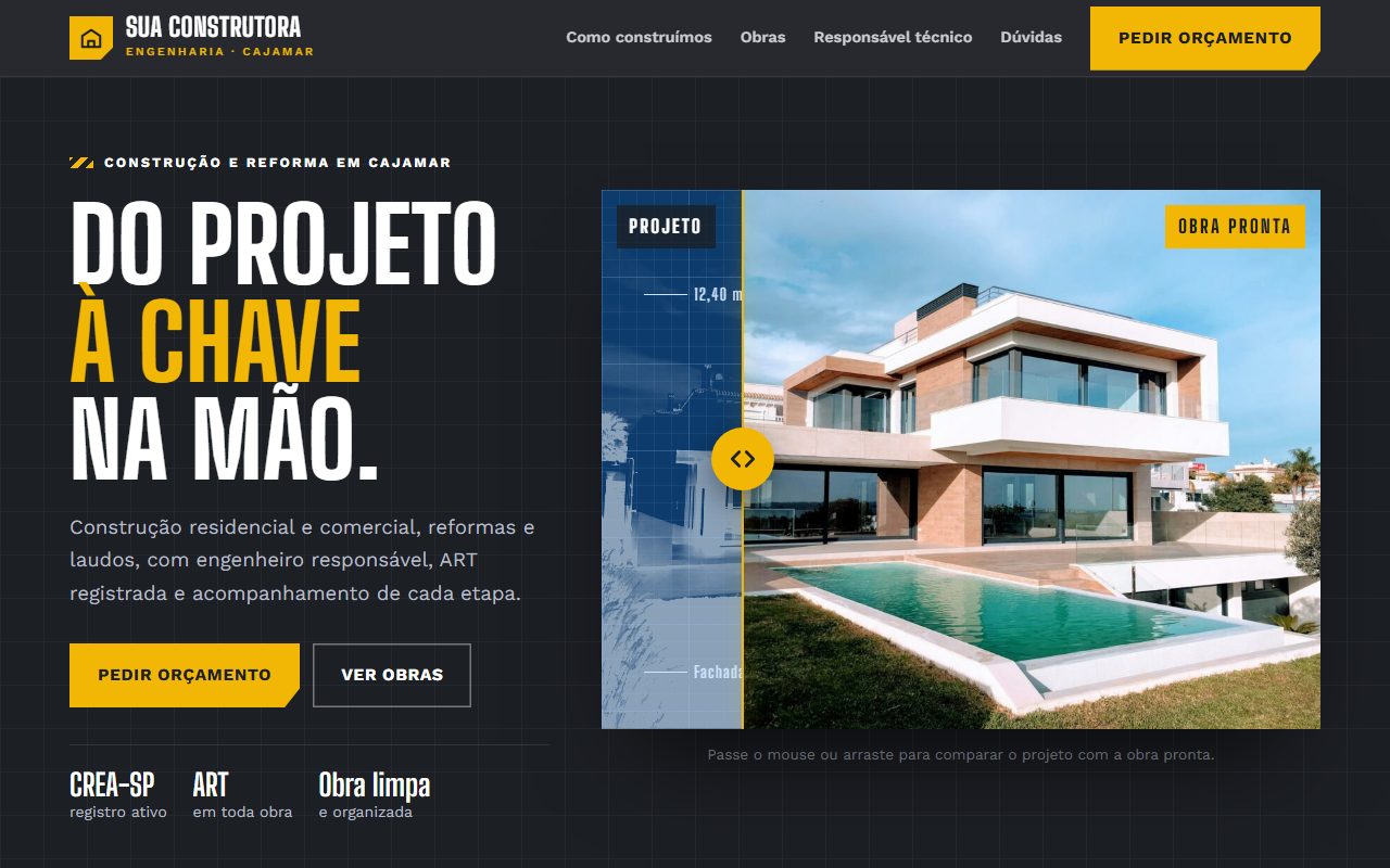 Site de exemplo para construtora aberto no computador
