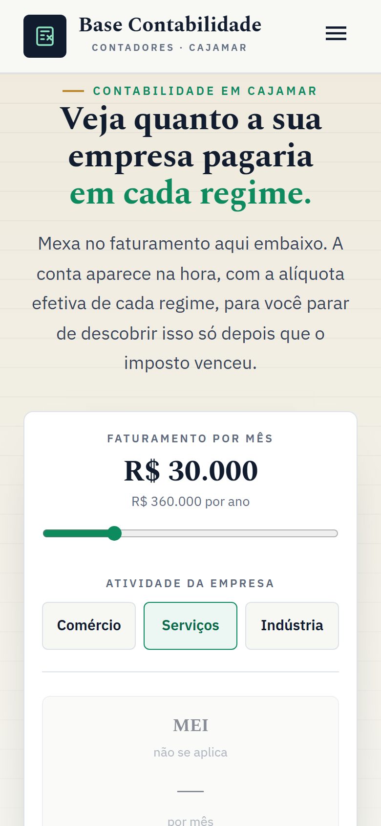 Site de exemplo para escritório de contabilidade aberto no celular