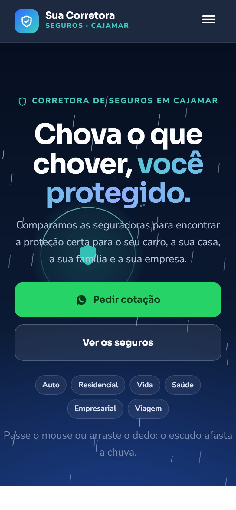 Site de exemplo para corretora de seguros aberto no celular