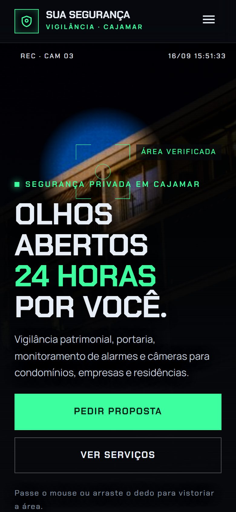 Site de exemplo para empresa de segurança aberto no celular
