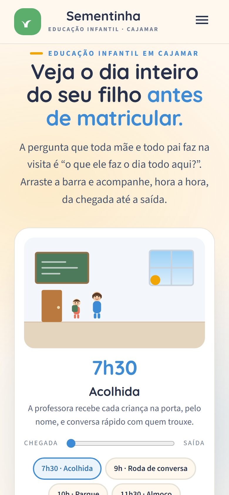 Site de exemplo para escola de educação infantil aberto no celular