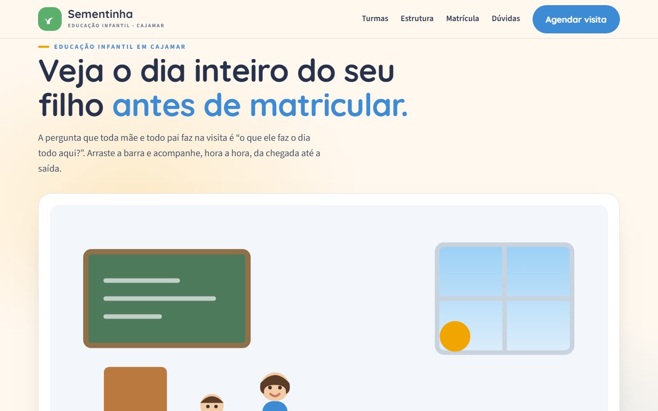 Site de exemplo para escola de educação infantil aberto no computador