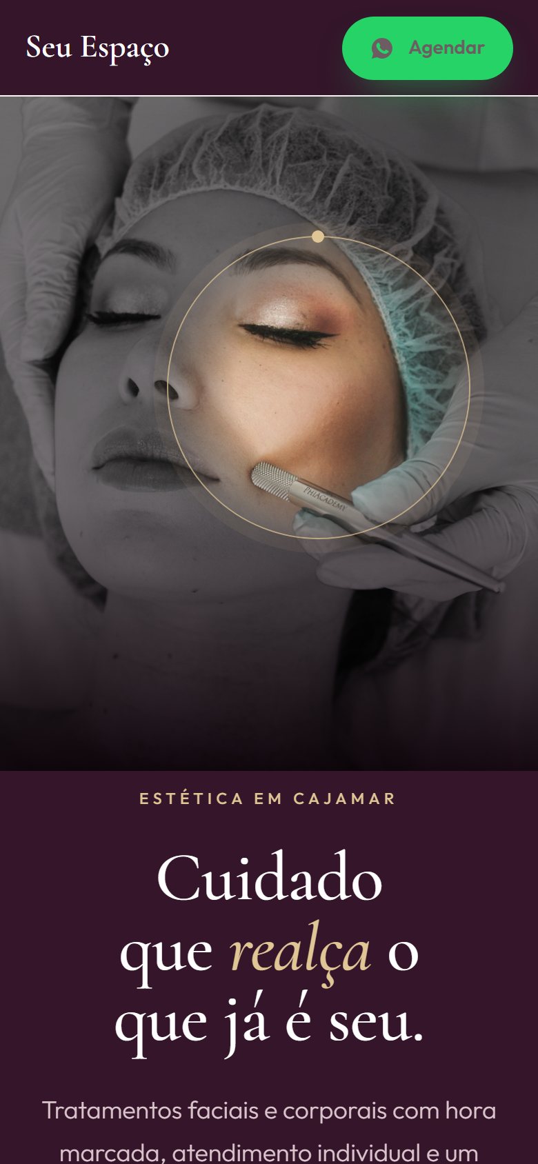 Site de exemplo para clínica de estética aberto no celular