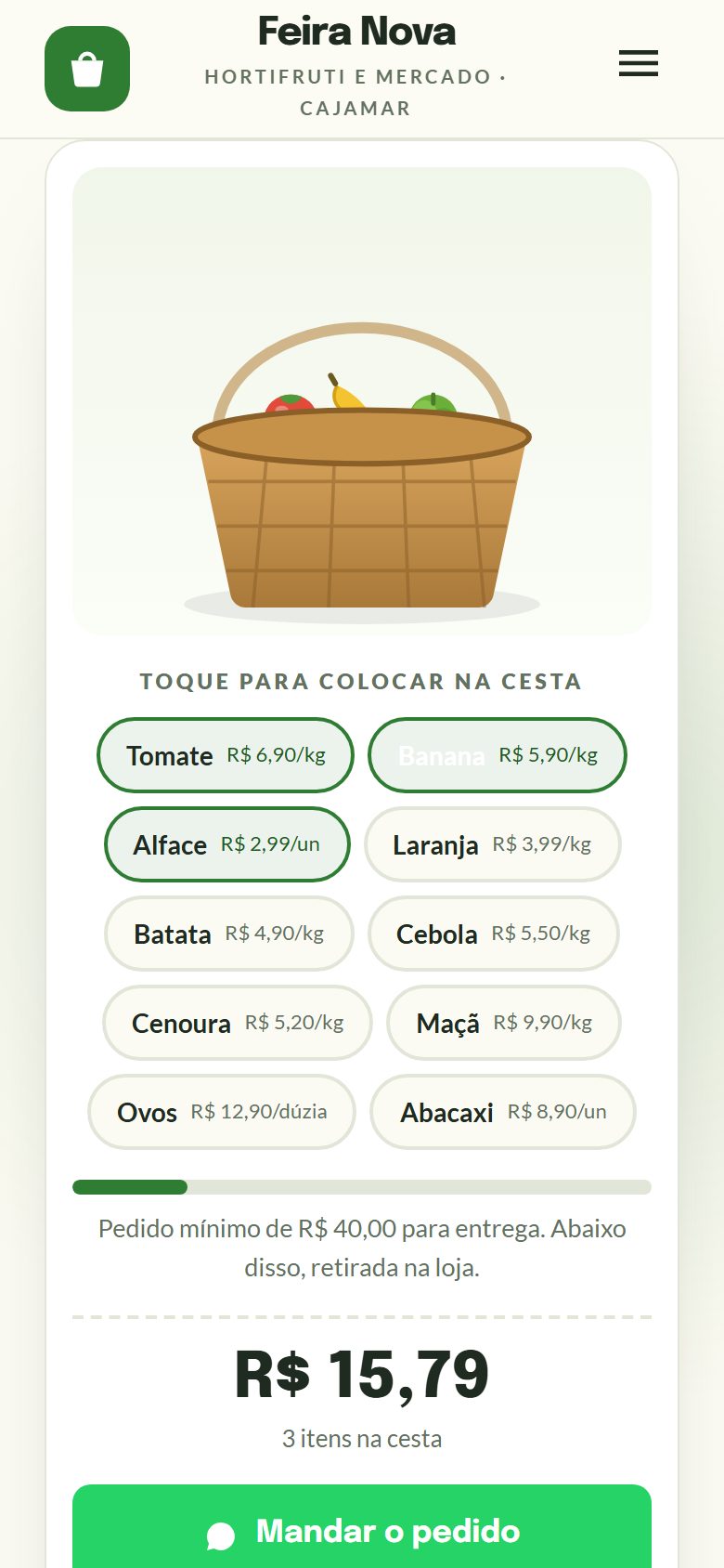 Site de exemplo para hortifruti e mercado aberto no celular