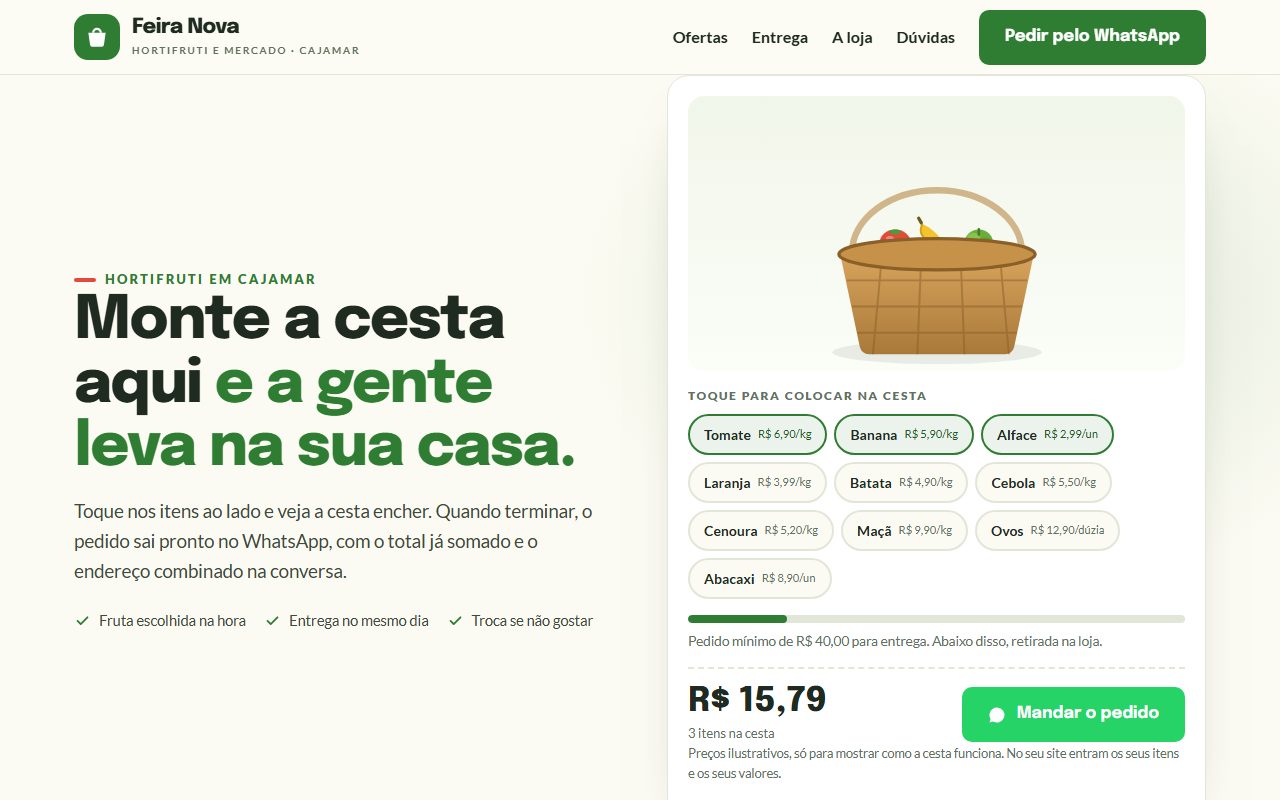 Site de exemplo para hortifruti e mercado aberto no computador