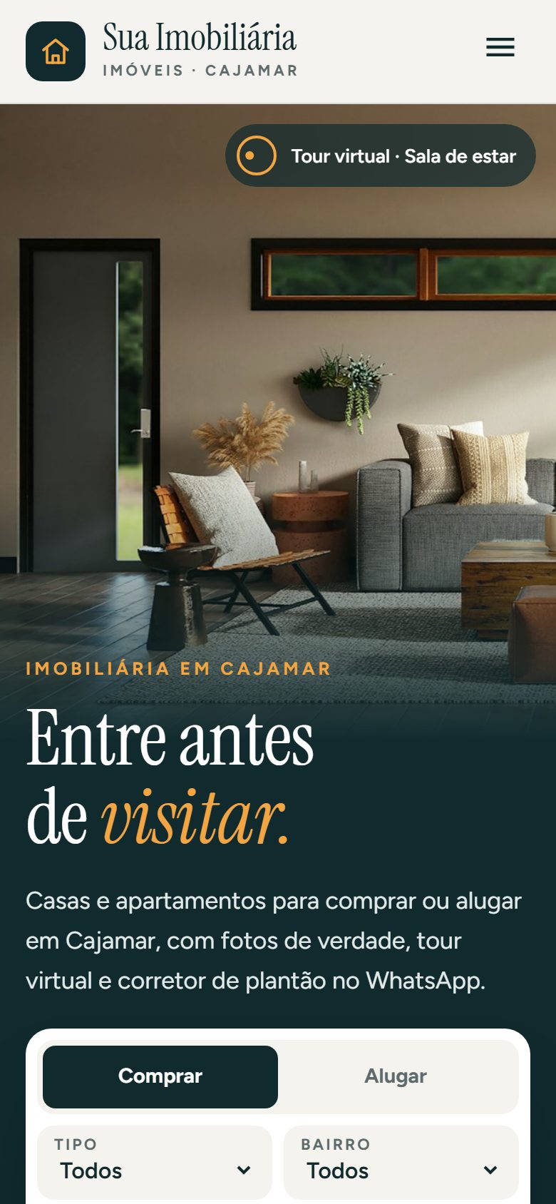 Site de exemplo para imobiliária aberto no celular