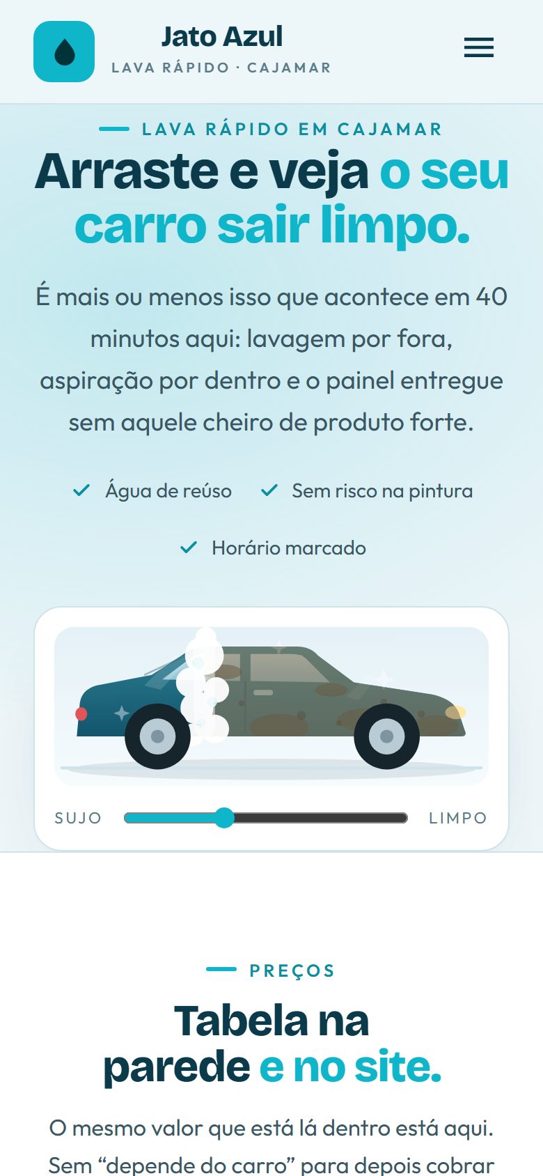 Site de exemplo para lava rápido aberto no celular