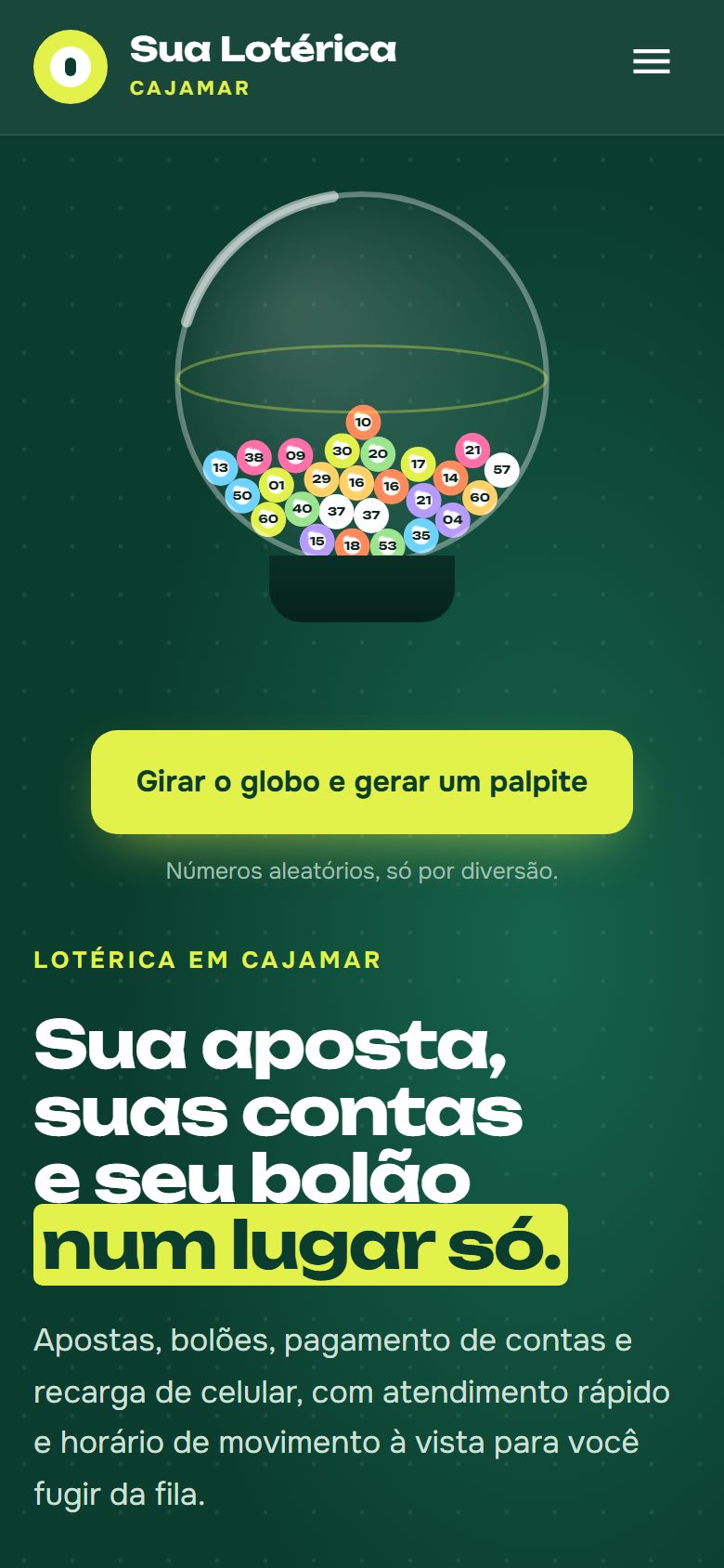 Site de exemplo para lotérica aberto no celular