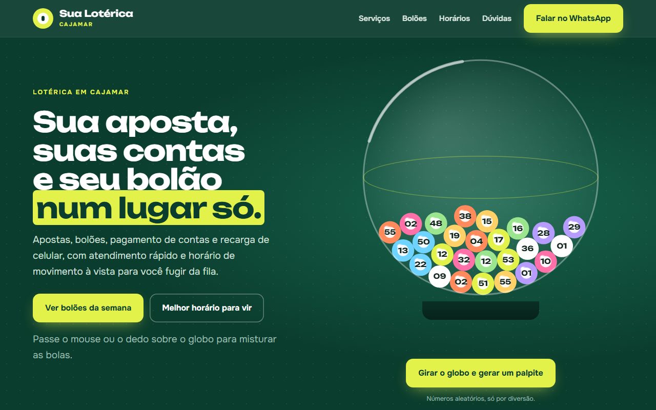 Site de exemplo para lotérica aberto no computador
