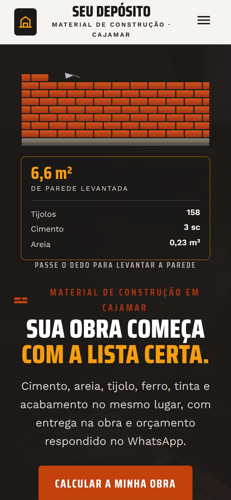 Site de exemplo para loja de material de construção aberto no celular