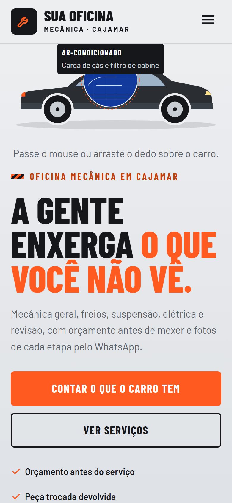 Site de exemplo para oficina mecânica aberto no celular