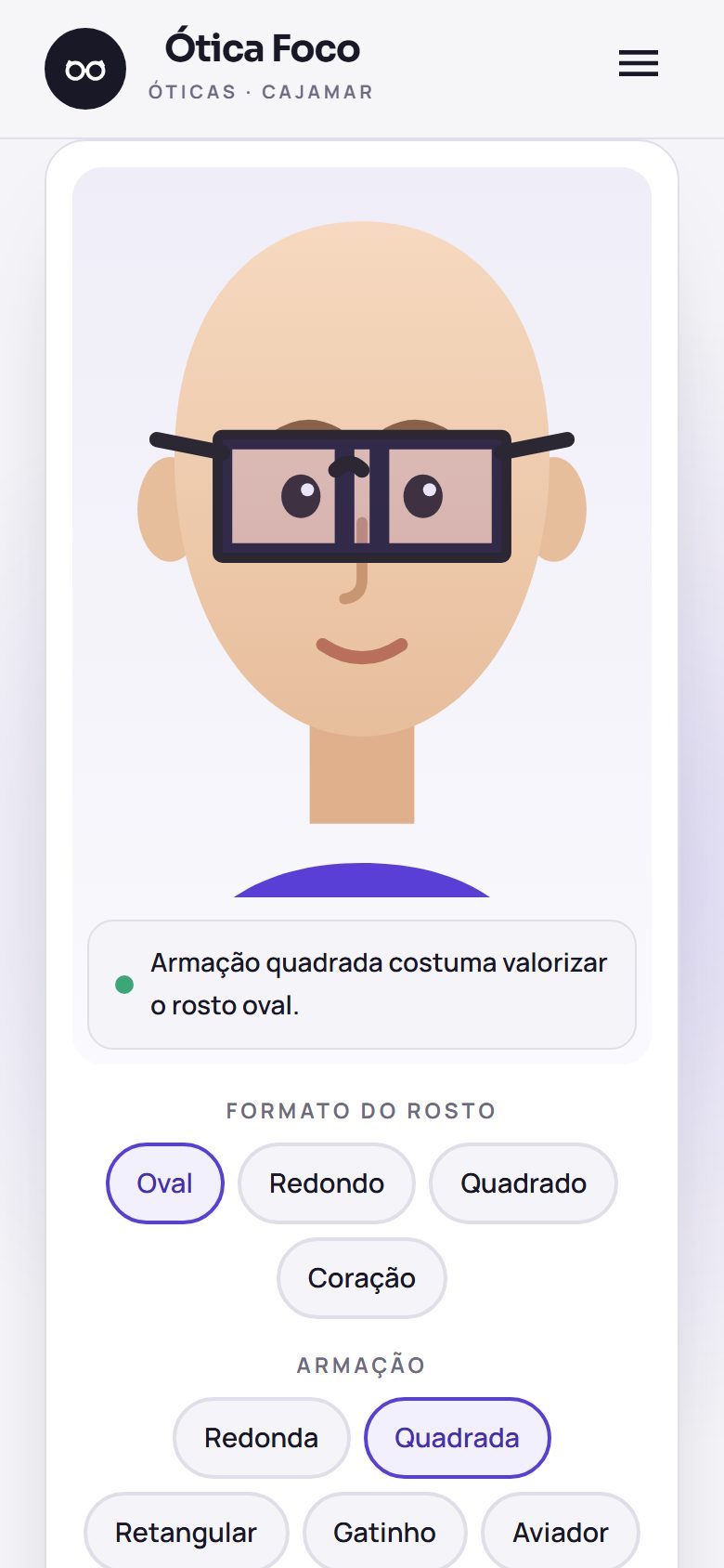 Site de exemplo para ótica aberto no celular