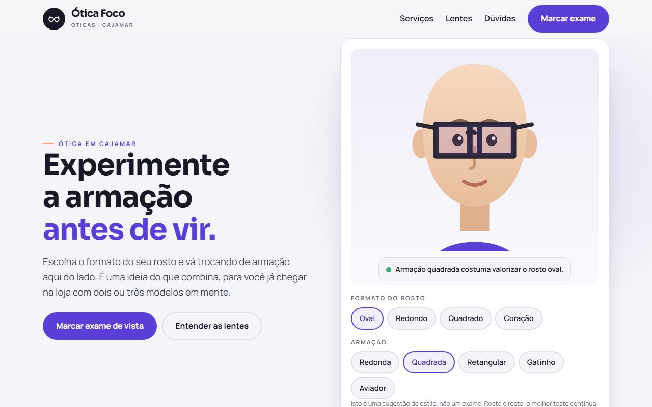 Site de exemplo para ótica aberto no computador