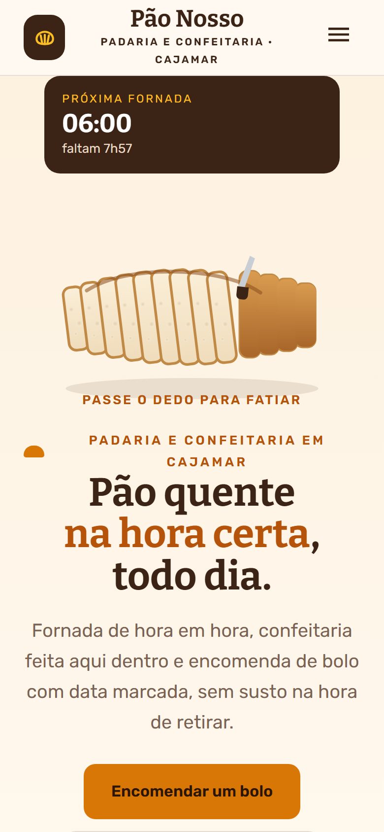 Site de exemplo para padaria aberto no celular