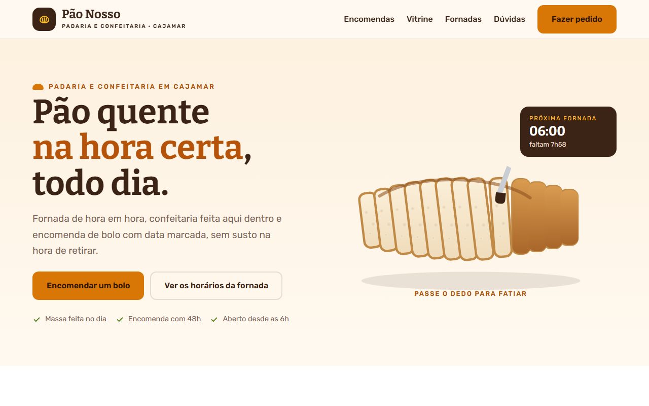 Site de exemplo para padaria aberto no computador