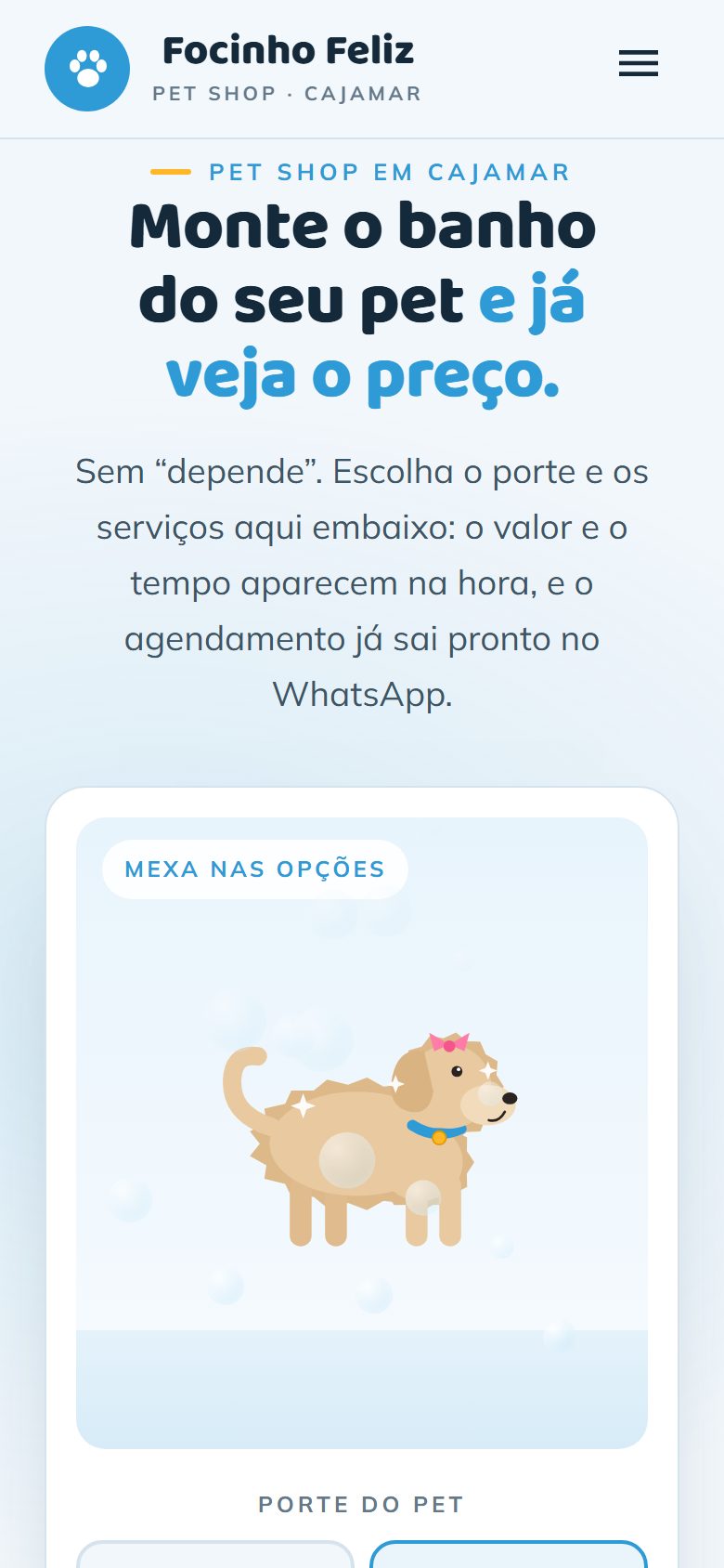 Site de exemplo para pet shop aberto no celular