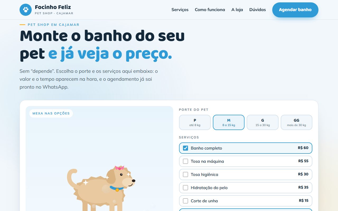 Site de exemplo para pet shop aberto no computador