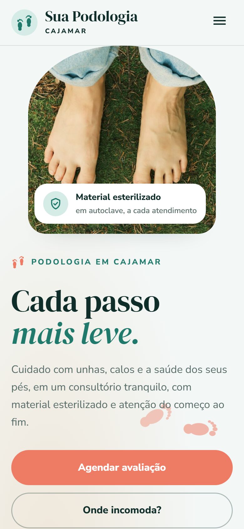 Site de exemplo para podóloga aberto no celular