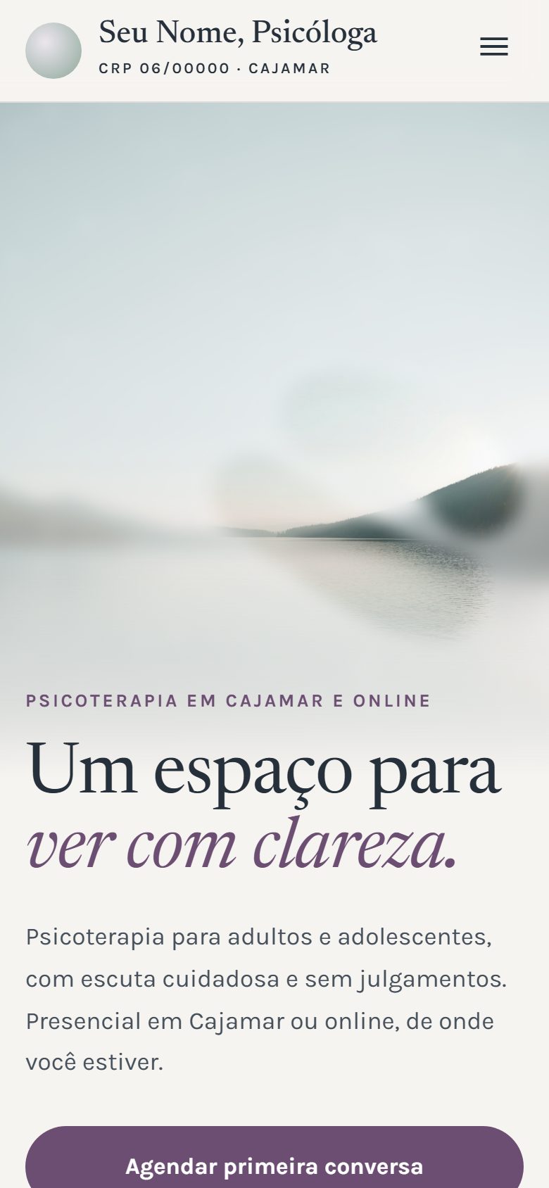 Site de exemplo para psicólogo aberto no celular