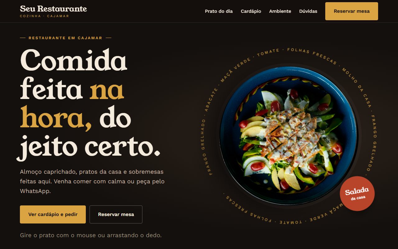 Site de exemplo para restaurante aberto no computador