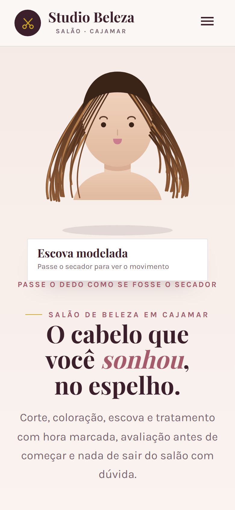 Site de exemplo para salão de beleza aberto no celular
