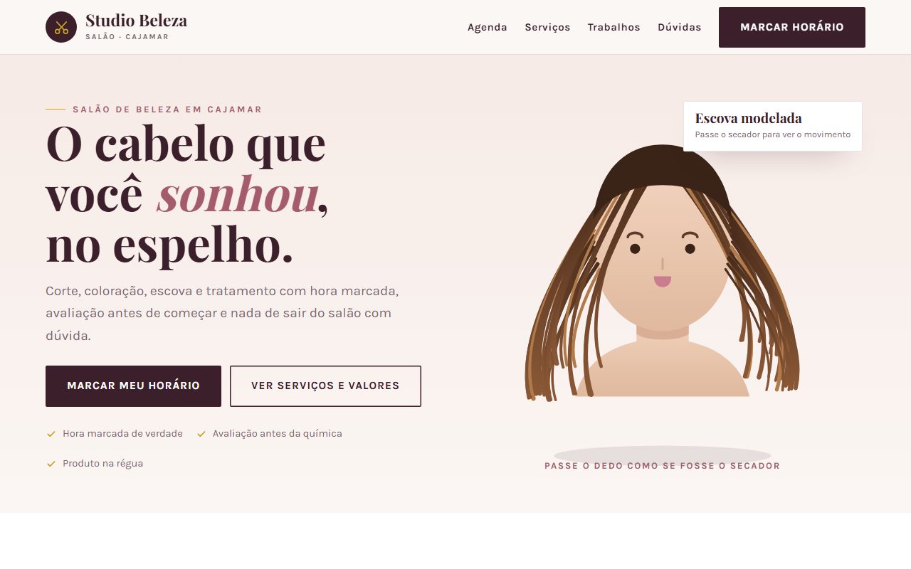 Site de exemplo para salão de beleza aberto no computador