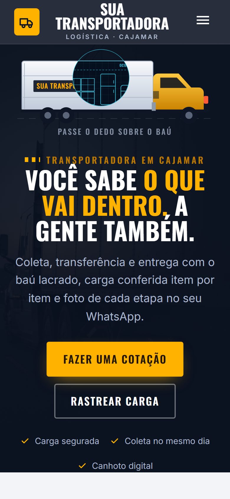 Site de exemplo para transportadora aberto no celular