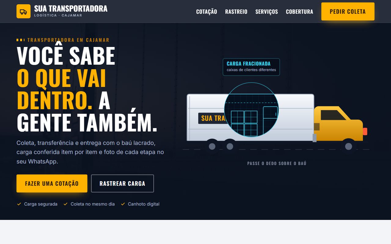 Site de exemplo para transportadora aberto no computador